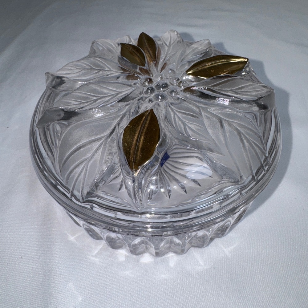 Studio Nova Japan Crystal Trinket Box Frosted Poinsettia Gold Leaf Jewelry Dish